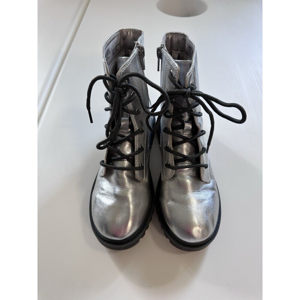 GAP Kids Silver Combat Boots Lace Up Side Zip Lug Sole Girls Size 3